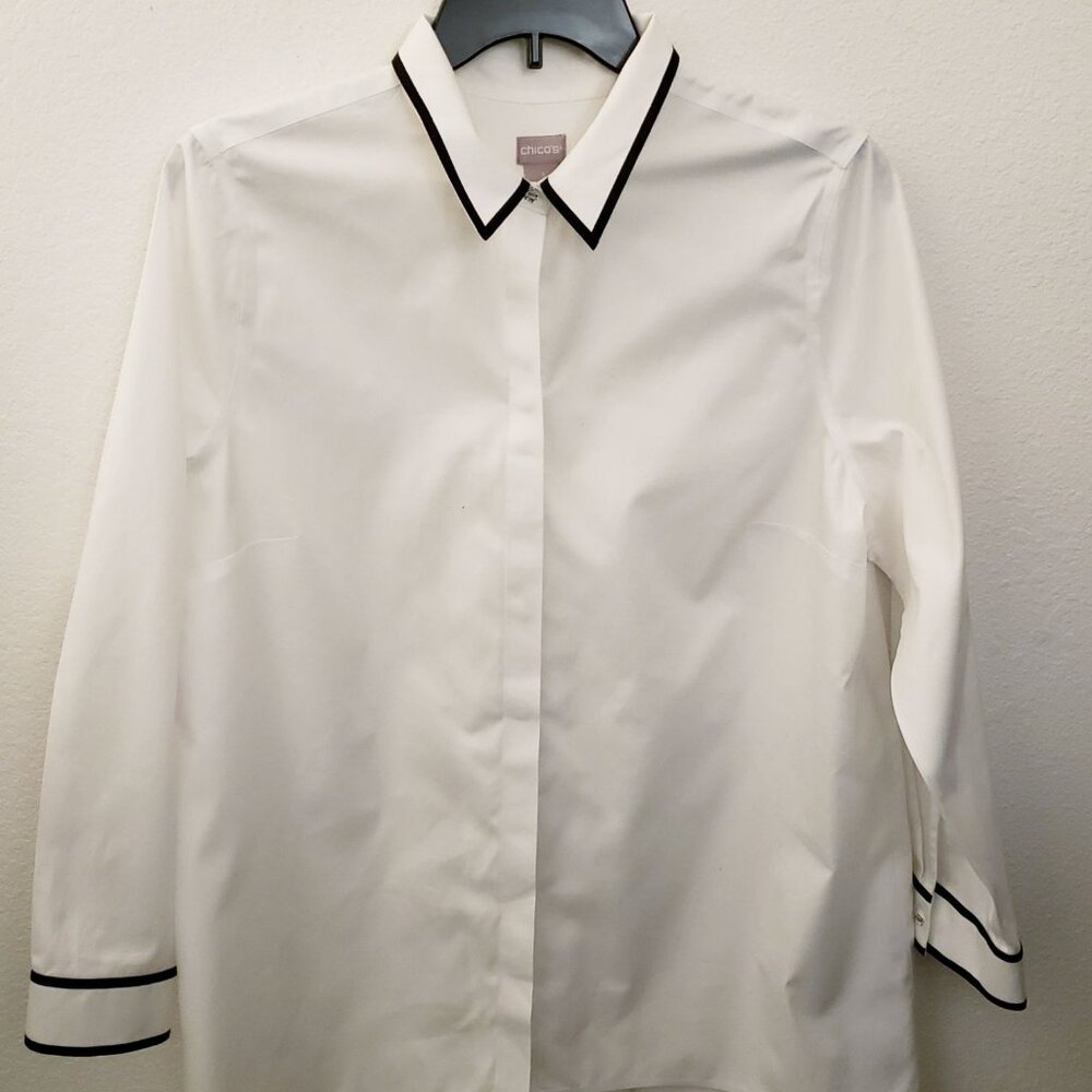 Chico's White Button Down Shirt with Black Trim